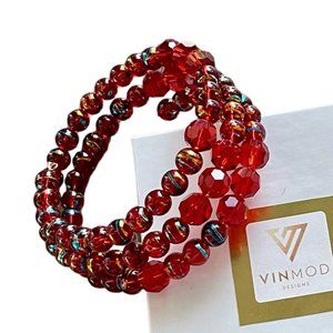Vintage Red Beads & Crystal Upcycled - VINMOD Designs Wire Wrap Bracelet
